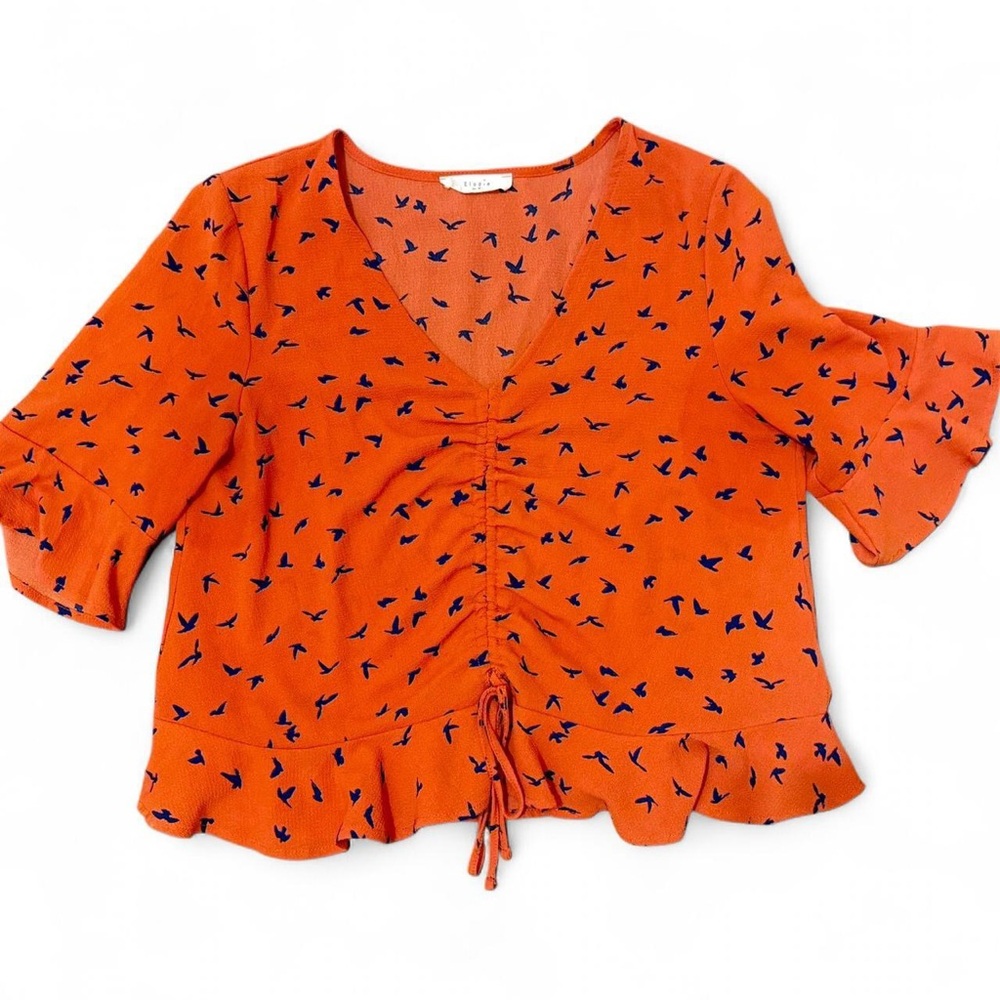 Orange Peplum Top Ruched Front Bird Print Boho Crop Blouse Size M